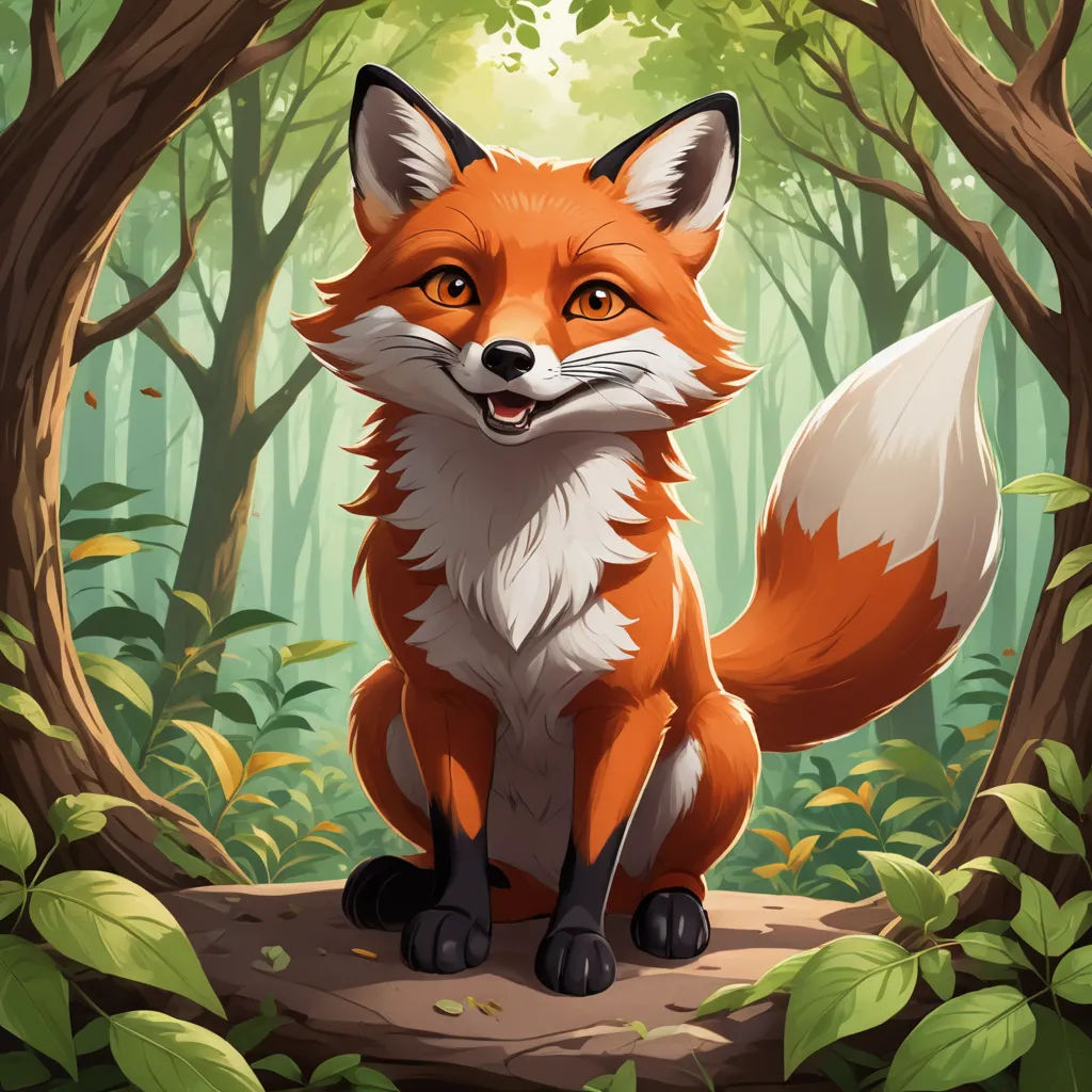 a fox sitting in the middle of a forest with leaves around it's feet and eyes open, looking at the camera, furry art, a character portrait, Brom, official art