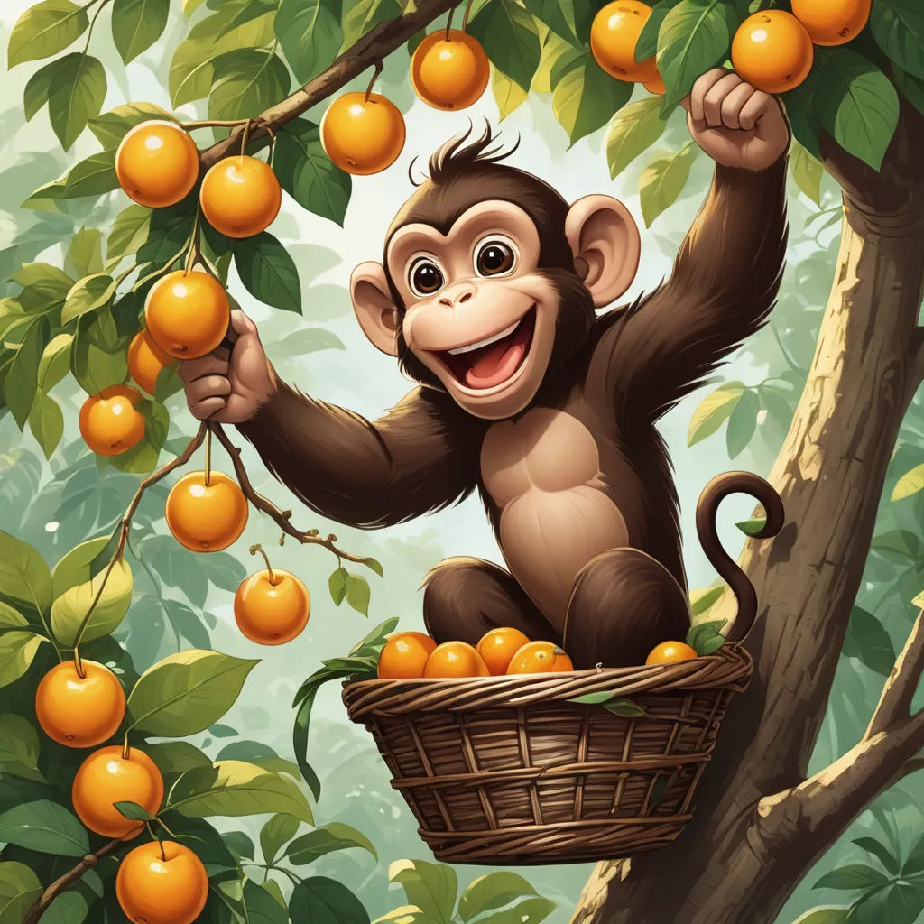 a monkey hanging from a tree with oranges in a basket on it's back and smiling at the camera, primitivism, a storybook illustration, Chris LaBrooy, highly detailed digital painting