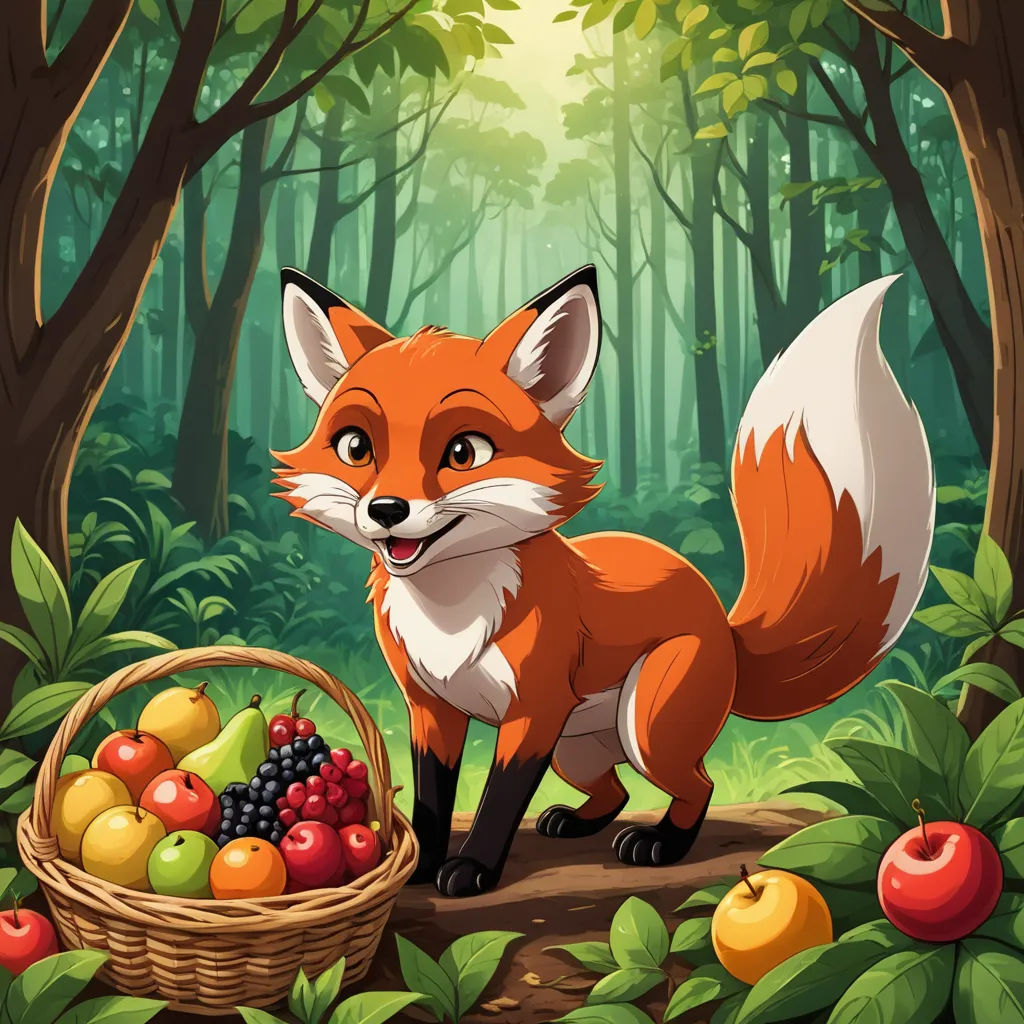 a fox standing in the forest with a basket of fruit in front of it and a forest background with trees, furry art, a storybook illustration, Brom, game art