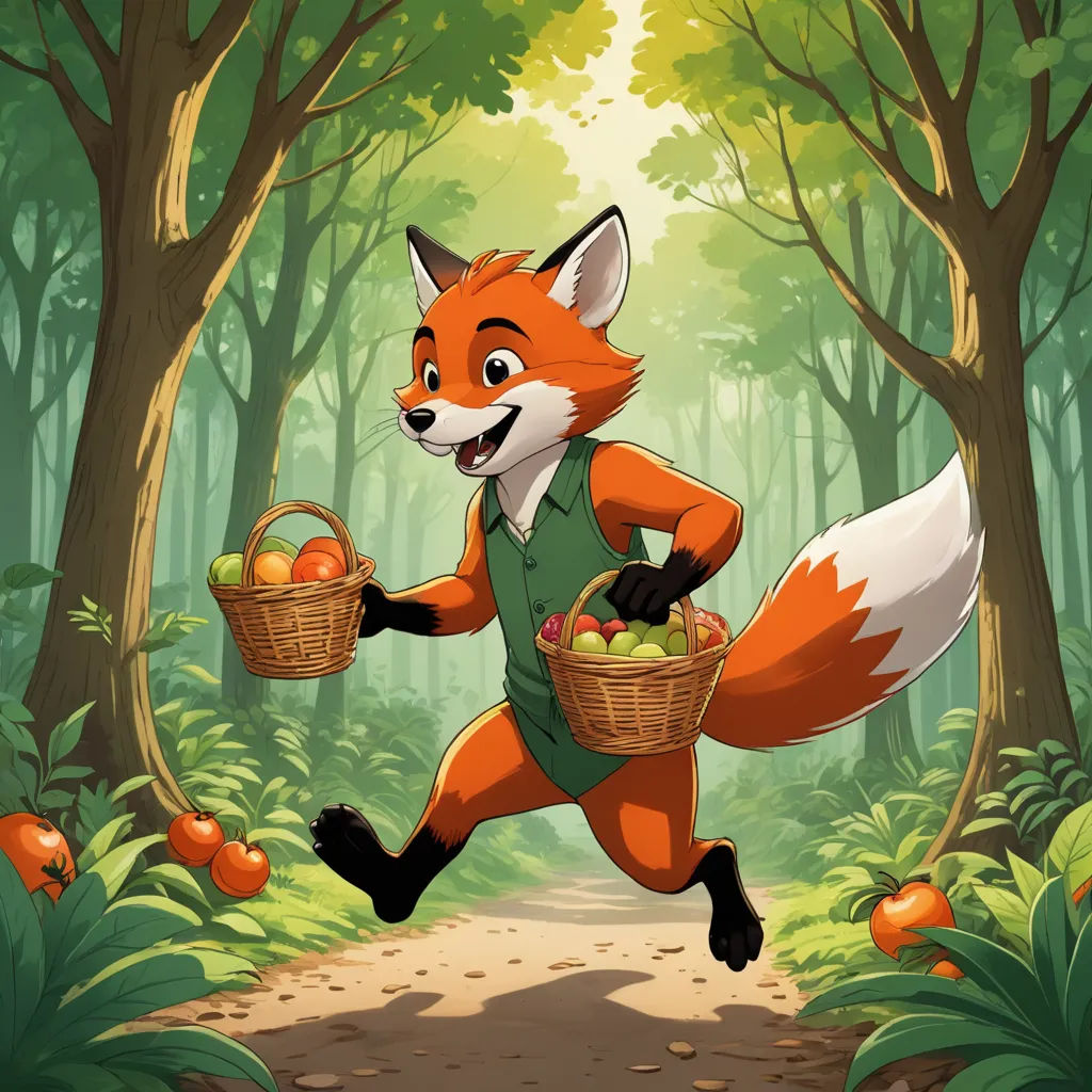 a fox running through a forest carrying a basket of apples in it's paws and a basket of apples in his hand, furry art, a storybook illustration, Aaron Jasinski, official art