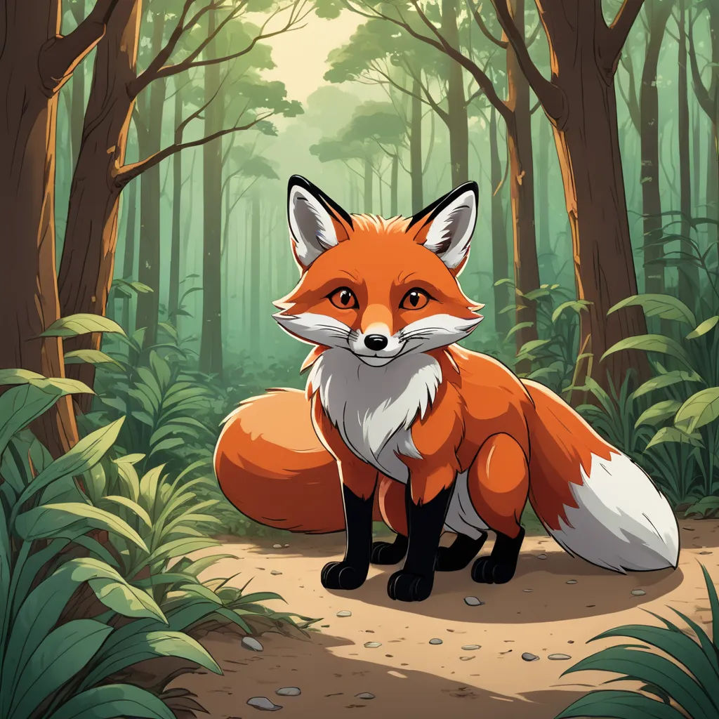 a red fox sitting in the middle of a forest with trees and plants around it's edges and a path leading to it, furry art, a storybook illustration, Dan Mumford, official art