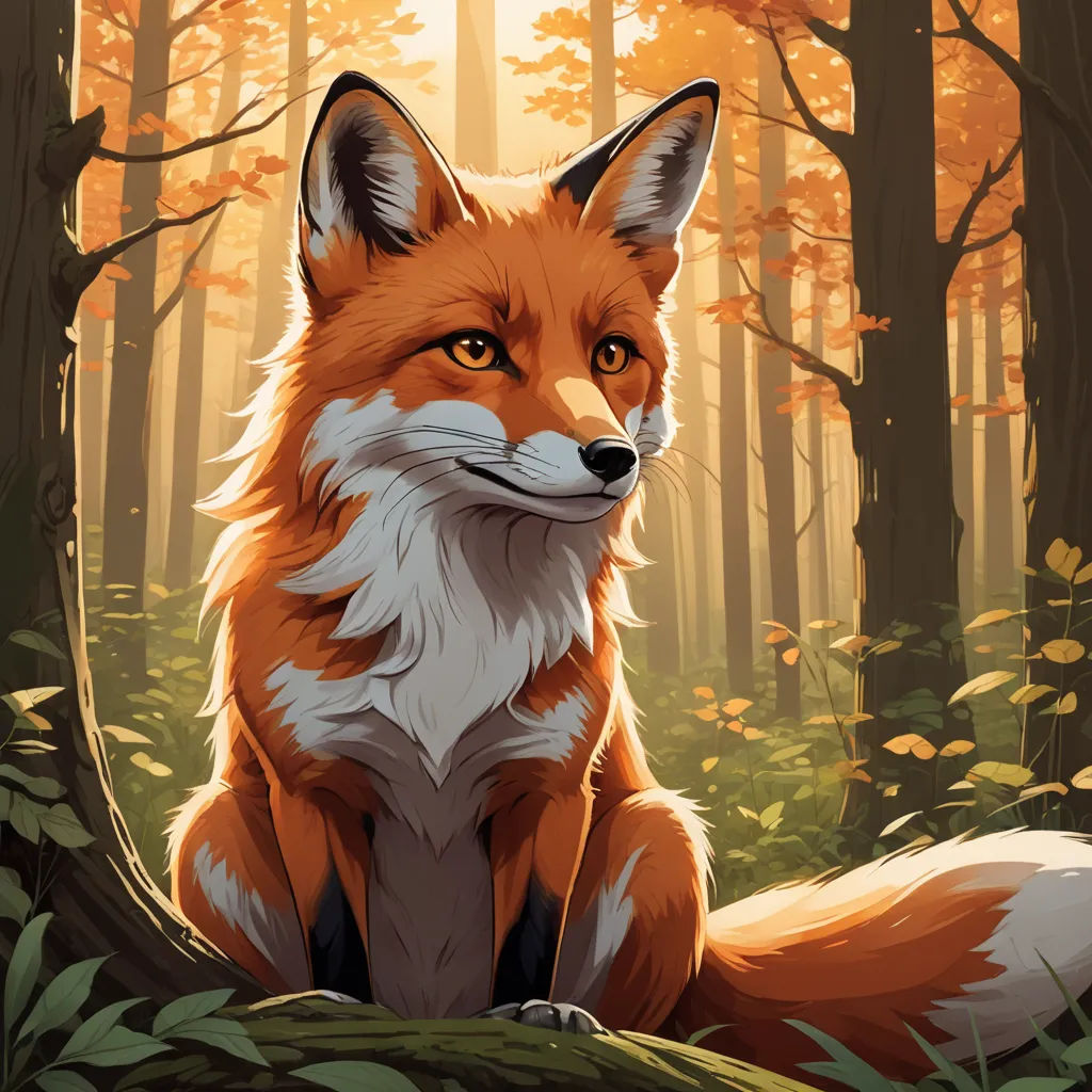 a red fox sitting in the woods looking at the camera with a yellow light behind it and trees in the background, furry art, a digital painting, Anato Finnstark, orange