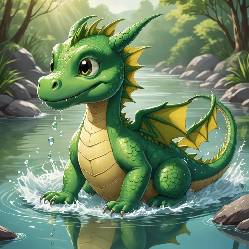 a green dragon is sitting in the water and splashing around it's body of water with its wings spread, sots art, concept art, Anne Stokes, dragon art