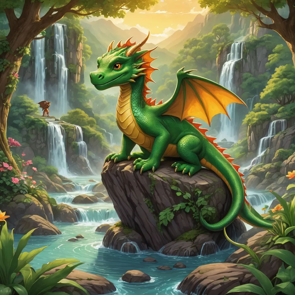 a green dragon sitting on a rock in a forest by a waterfall with a waterfall in the background and a man standing on a rock, fantasy art, a storybook illustration, Anne Stokes, dragon art