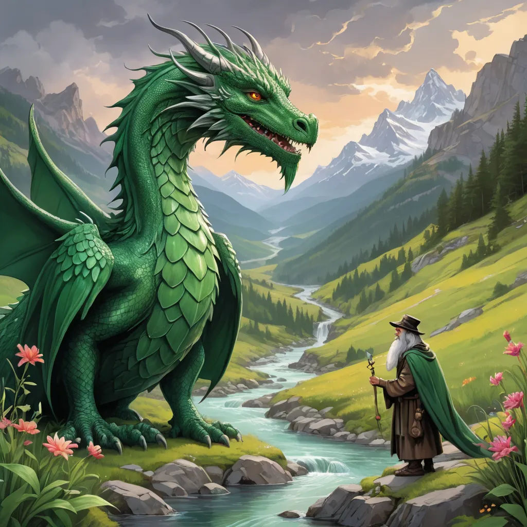 a green dragon with a man standing next to it on a mountain side with a river running through it, fantasy art, a storybook illustration, Brothers Hildebrandt, dragon art