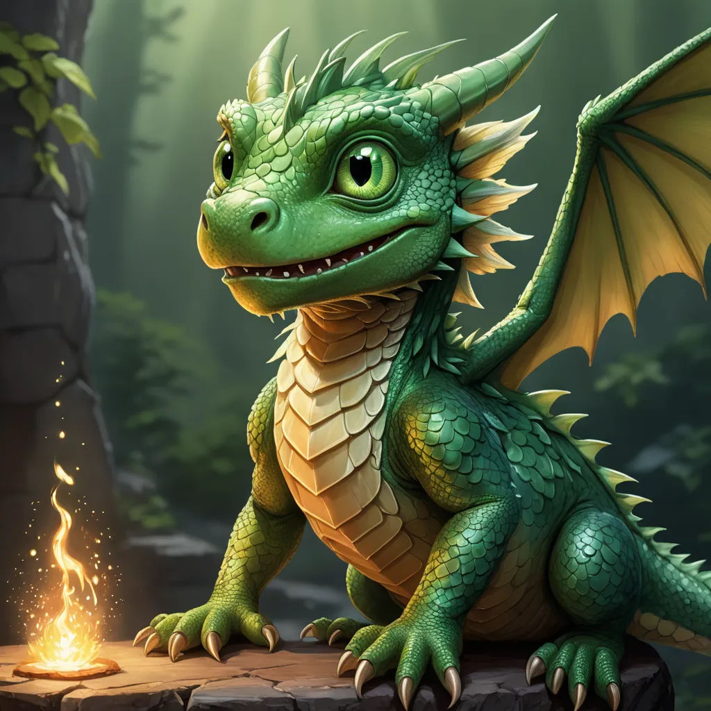 a green dragon sitting on a rock next to a fire pit with a glowing fire coming out of it, fantasy art, concept art, Clint Cearley, dragon art