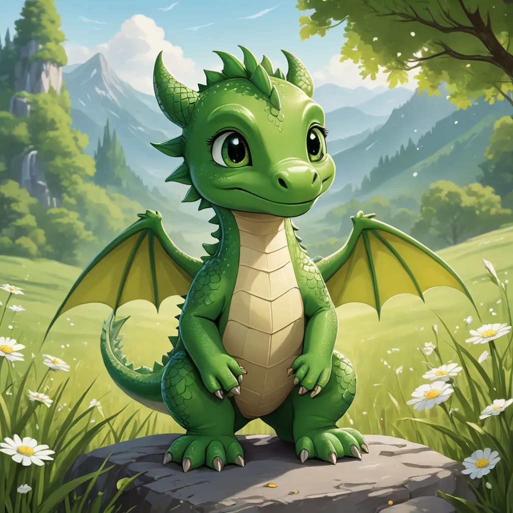 a green dragon sitting on a rock in a field of flowers and trees with mountains in the background and a sky with clouds, sots art, concept art, Chris LaBrooy, dragon art