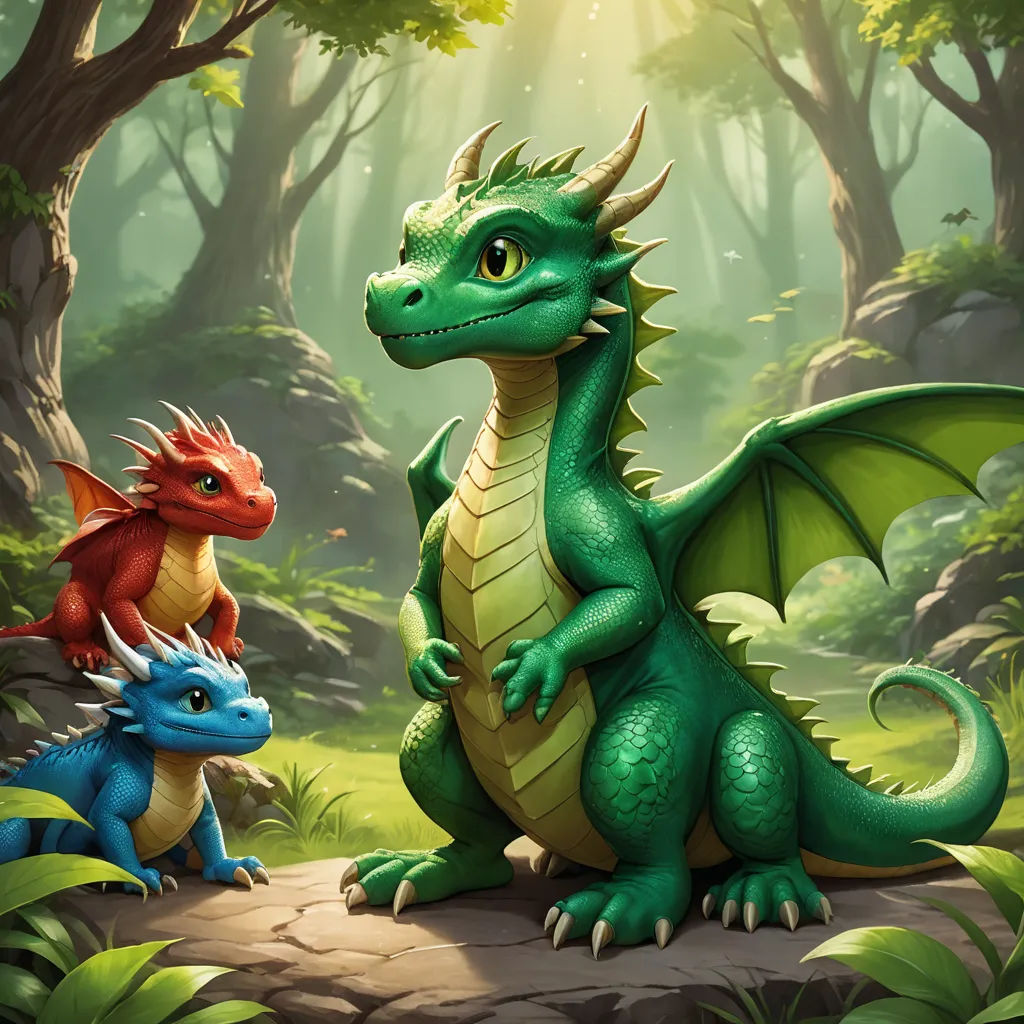 a dragon and a dragonling are in the forest together, with sunlight shining through the trees behind them, fantasy art, concept art, Diego Gisbert Llorens, dragon art