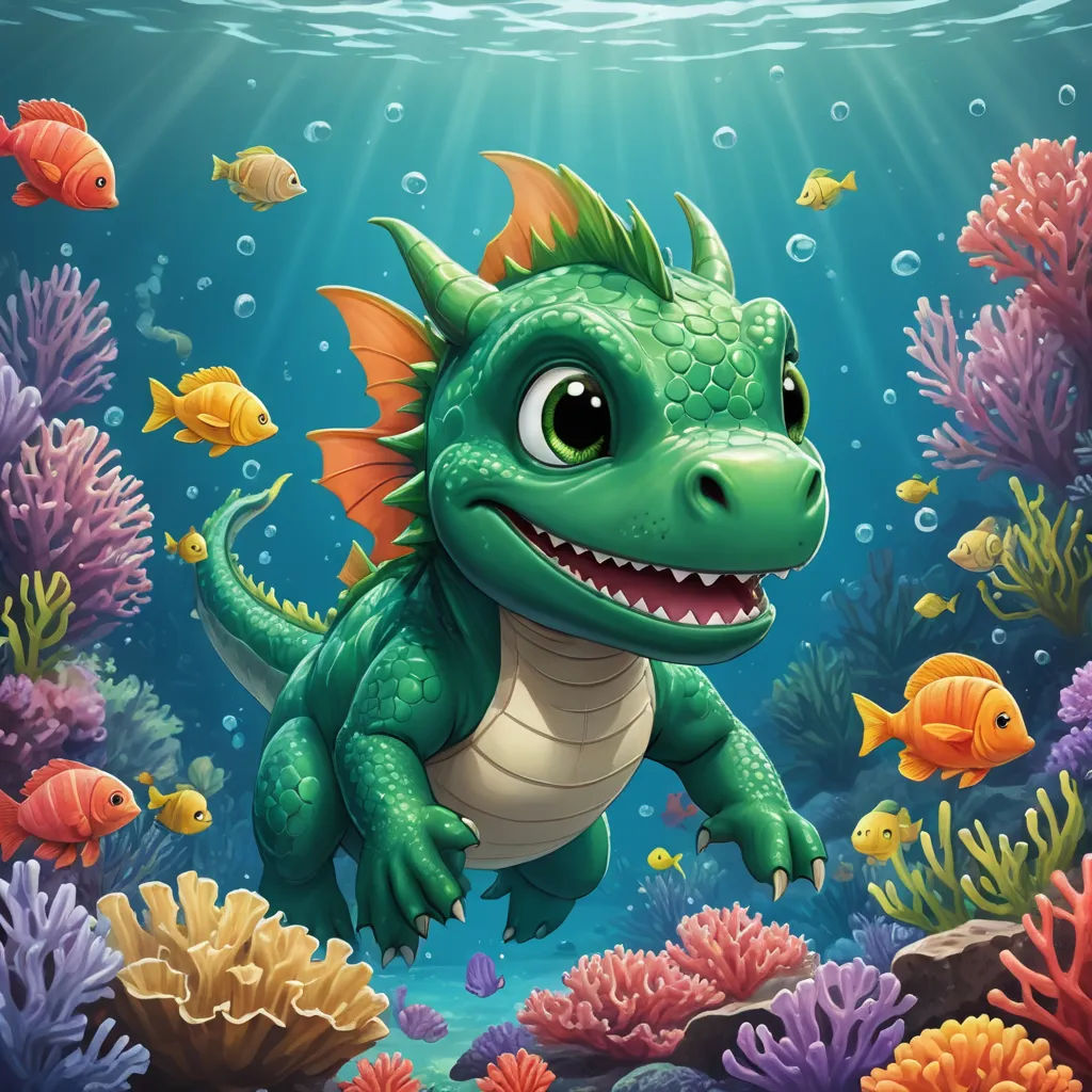 a cartoon green dragon swimming in the ocean with corals and fish around him illustration by cristoer, lyco art, a storybook illustration, Chris LaBrooy, dragon art