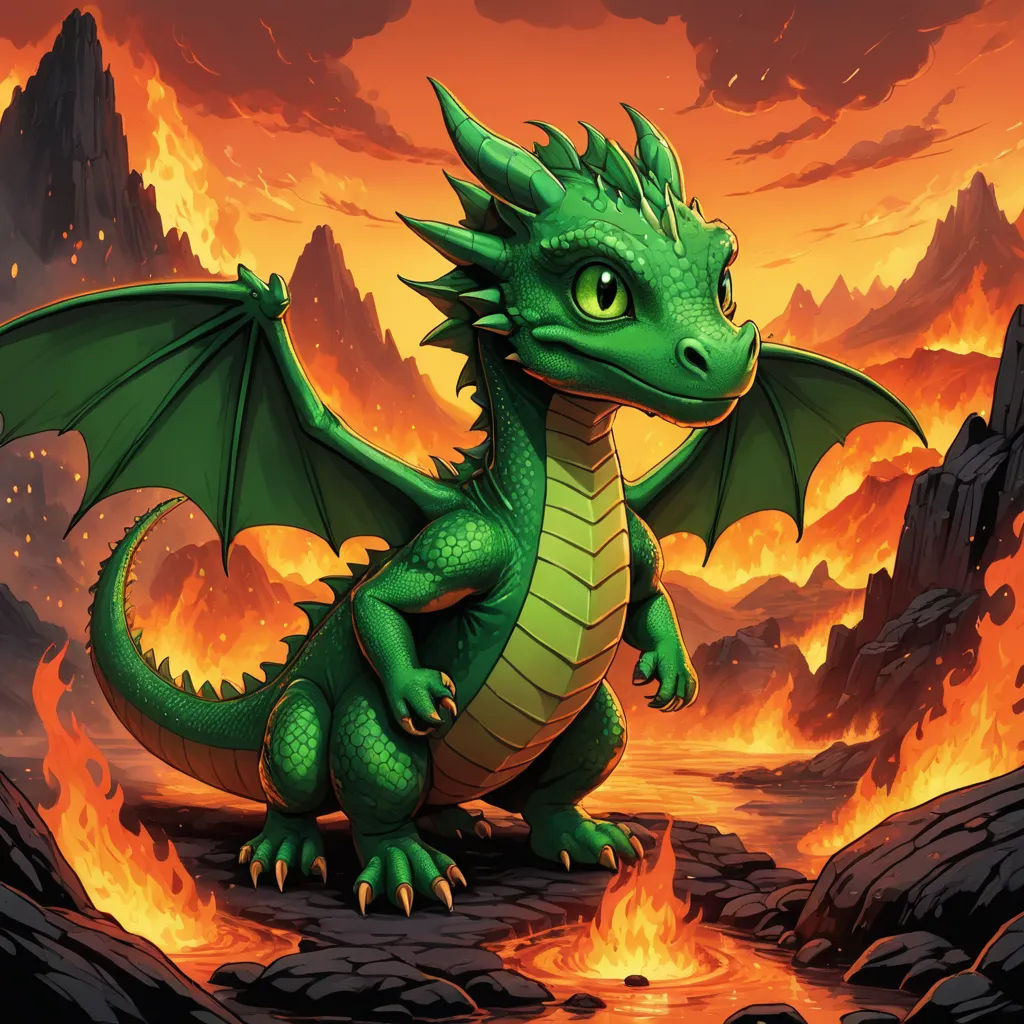 a green dragon sitting on a rock in front of a fire filled mountain range with lava and rocks in the background, fantasy art, concept art, Anne Stokes, dragon art