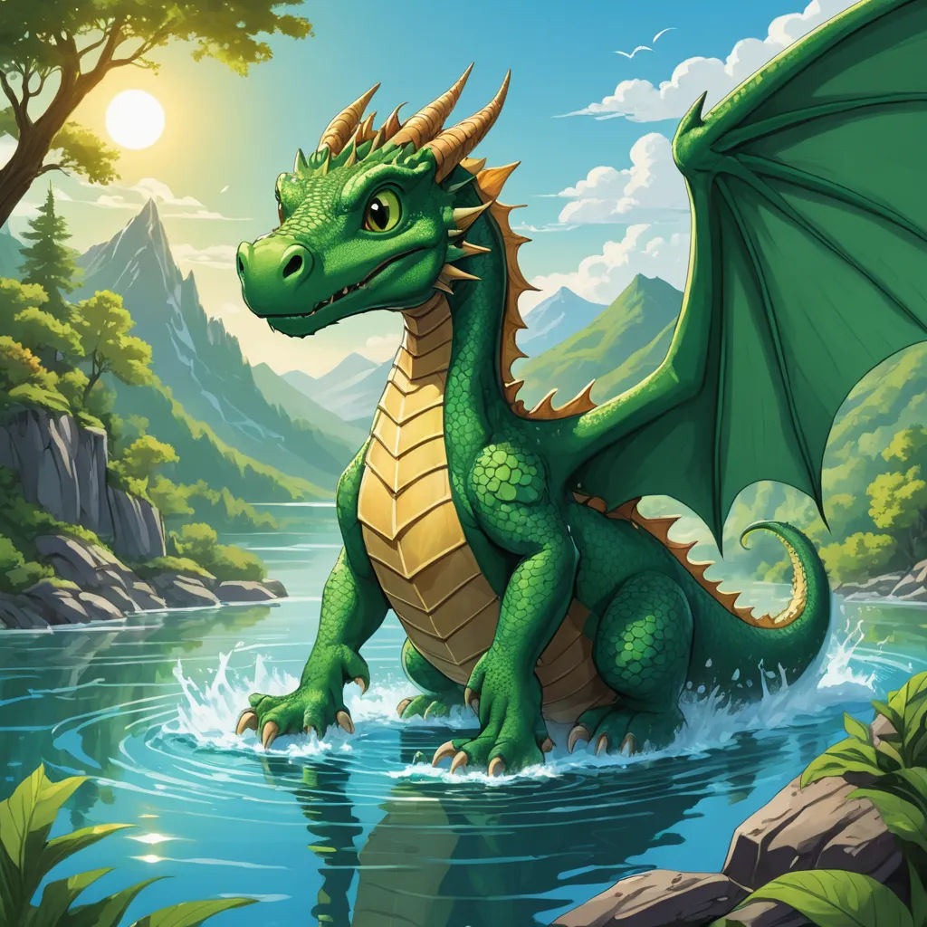 a green dragon is sitting in the water by the rocks and trees, and is looking at the camera, fantasy art, a storybook illustration, Diego Gisbert Llorens, dragon art