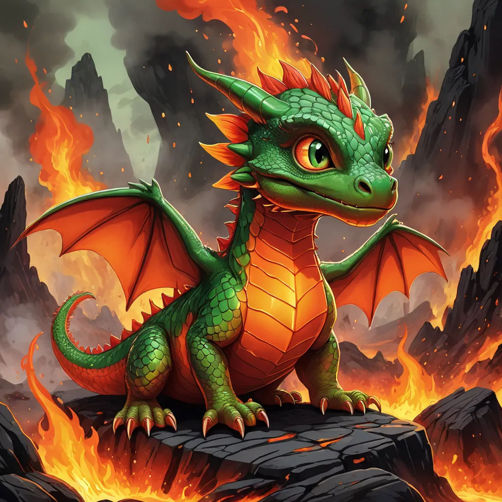 a green dragon sitting on a rock in front of a fire filled sky with lava and rocks in the foreground, fantasy art, concept art, Anne Stokes, dragon art