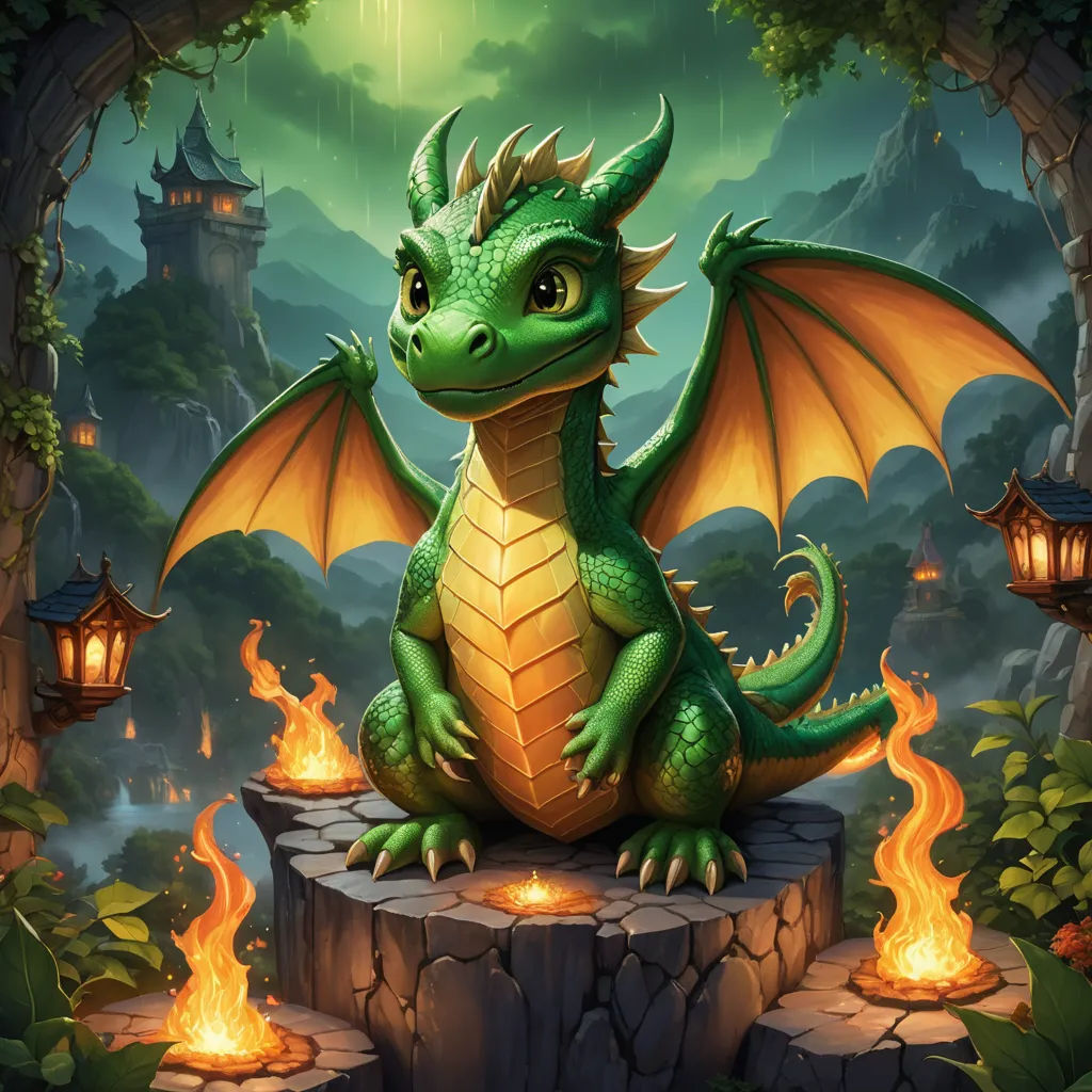 a green dragon sitting on a stump in a forest with a lantern in its mouth and a castle in the background, fantasy art, concept art, Anne Stokes, dragon art
