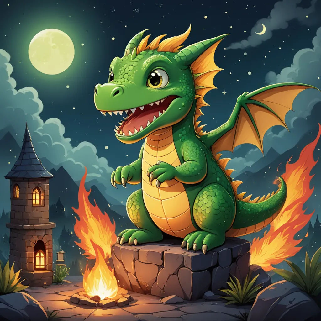 a green dragon sitting on a rock near a fire pit at night with a castle in the background illustration, fantasy art, a storybook illustration, Chris LaBrooy, dragon art