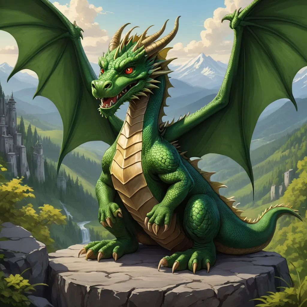 a green dragon sitting on a rock in a forest with mountains in the background and a castle in the background, fantasy art, an ultrafine detailed painting, Anne Stokes, dragon art