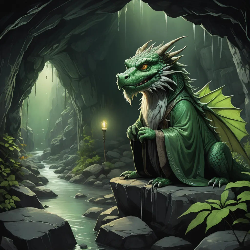 a green dragon sitting on a rock in a cave with a light in its mouth and a stream running through it, fantasy art, a storybook illustration, Brom, dragon art