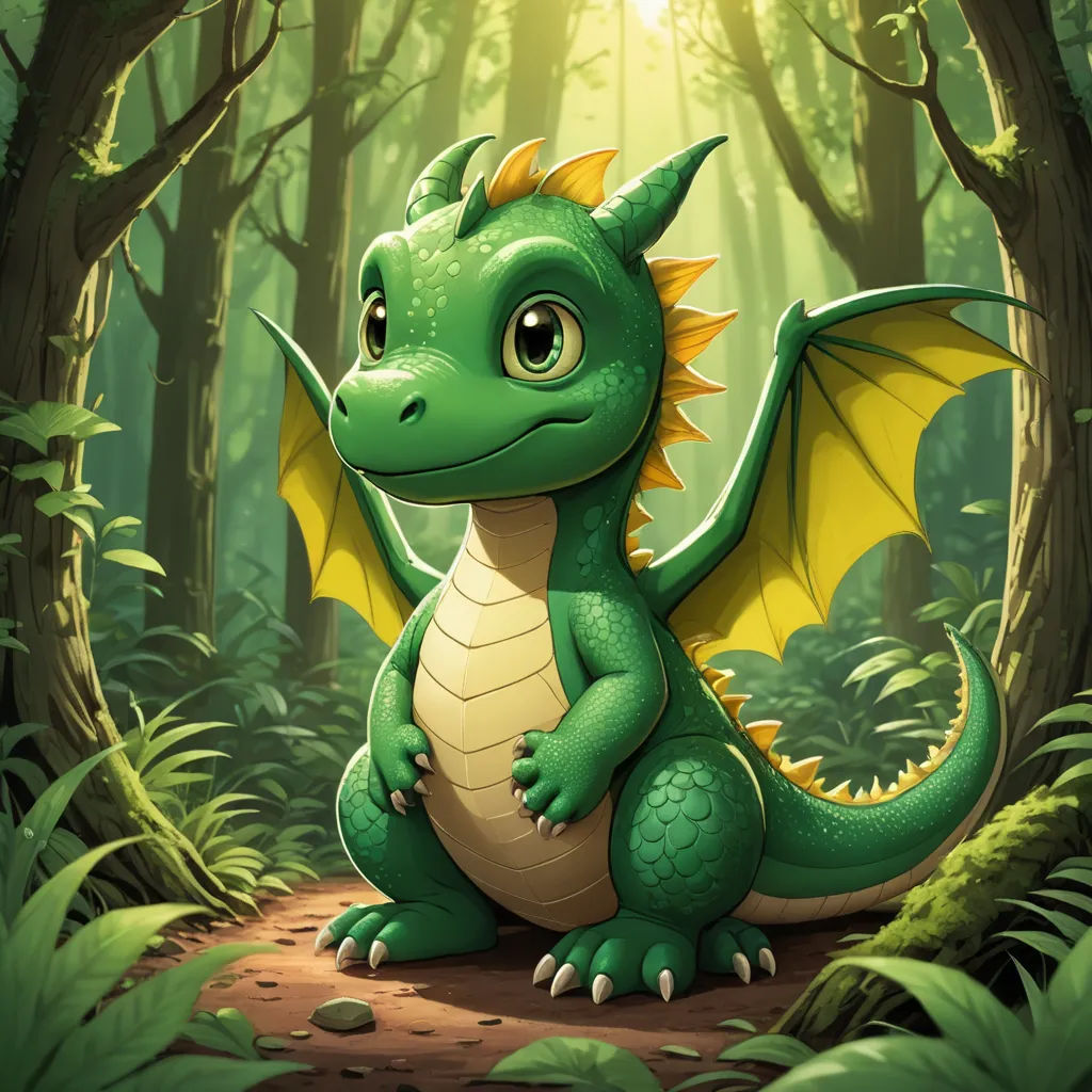a green dragon sitting in the middle of a forest with trees and leaves around it, with a bright light shining on the ground, fantasy art, a storybook illustration, Diego Gisbert Llorens, dragon art