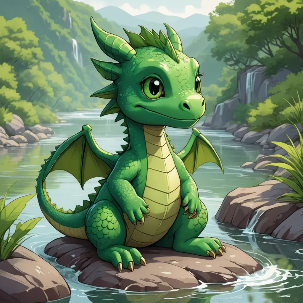 a green dragon sitting on a rock in a river with a waterfall in the background and a waterfall in the foreground, sots art, a character portrait, Anne Stokes, green