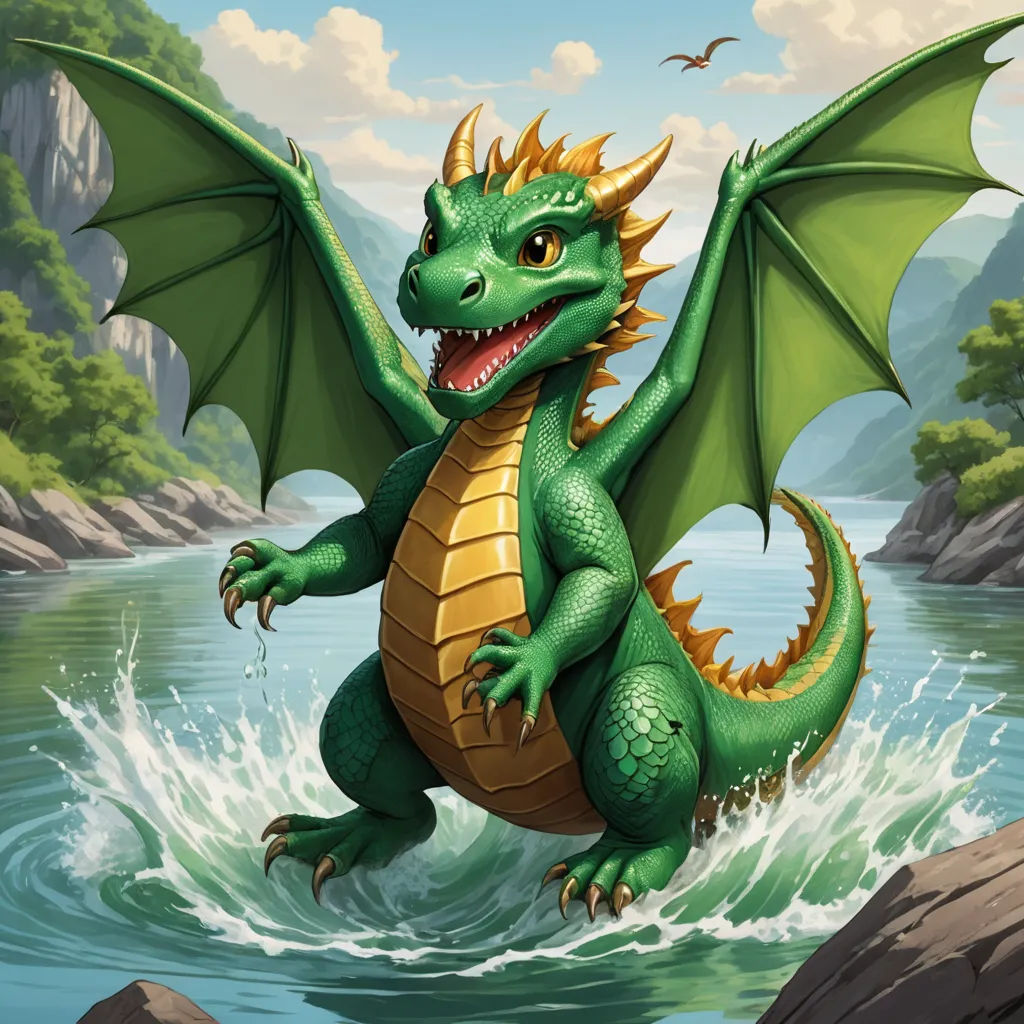 a green dragon is standing in the water with its wings spread out and its mouth open, with a mountain in the background, altermodern, concept art, Adam Rex, dragon art