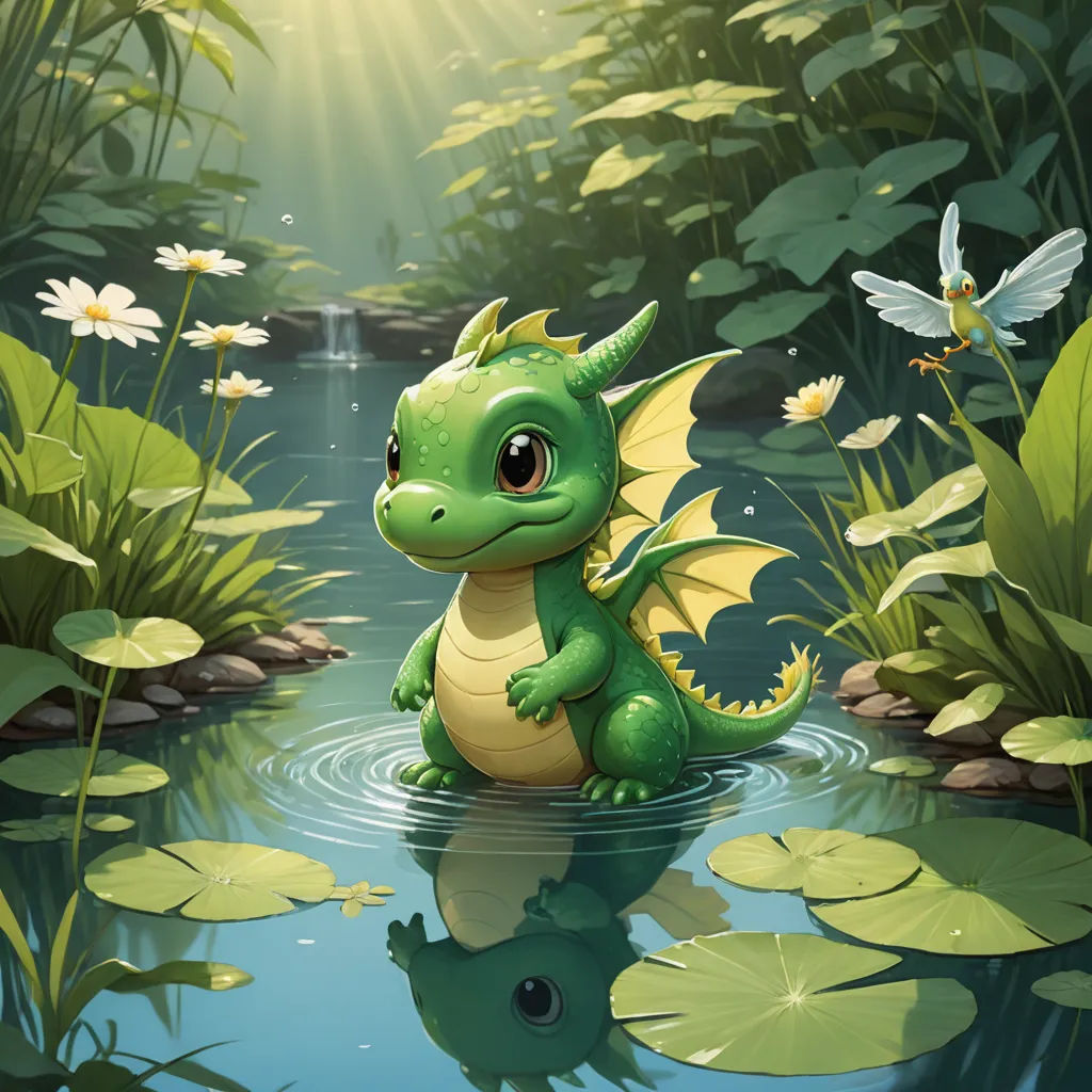 a green dragon sitting in a pond of water surrounded by lily pads and a dragon flying above it with a sunbeam in the background, fantasy art, a storybook illustration, Chris LaBrooy, dragon art