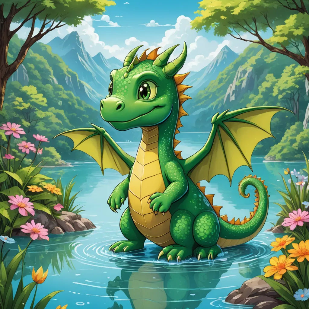 a green dragon sitting in a river surrounded by flowers and trees with mountains in the background and a blue sky, fantasy art, a storybook illustration, Abidin Dino, dragon art