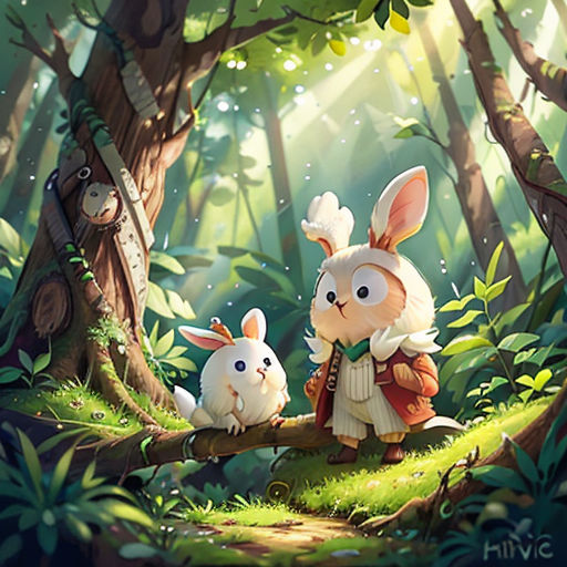 a rabbit and two rabbits in the woods with trees and grass, with sunlight streaming through the trees and the ground