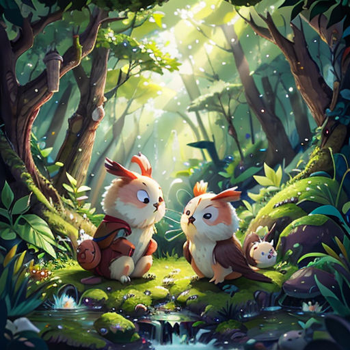 two cats sitting in the middle of a forest with a stream running through it and a forest scene in the background