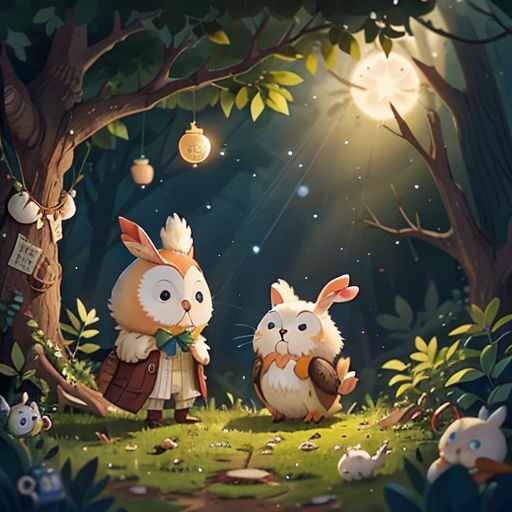 two rabbits are standing in the woods under a tree with a lantern in the background and a lantern in the air