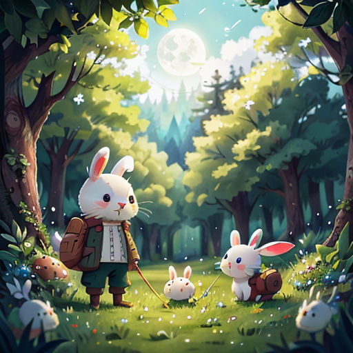 a painting of a rabbit and two rabbits in a forest with a full moon in the background and a forest scene with trees and grass
