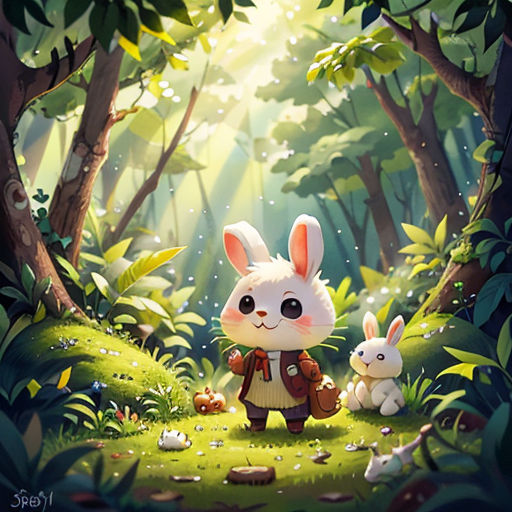 a rabbit and a bunny rabbit in the woods with a forest background and sunlight coming through the trees and grass