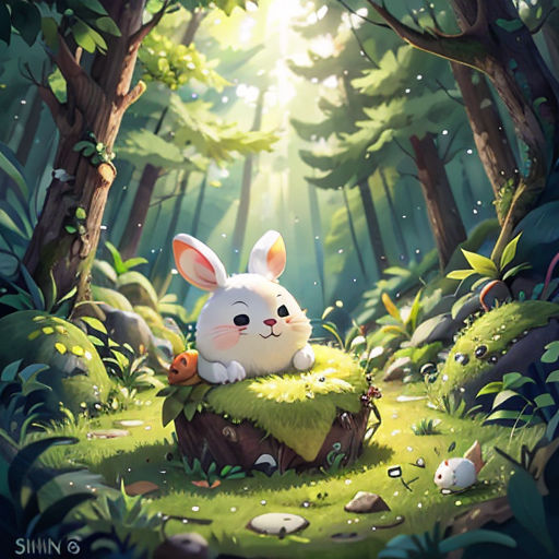 a rabbit sitting on top of a stump in the forest with a forest background and sun shining through the trees