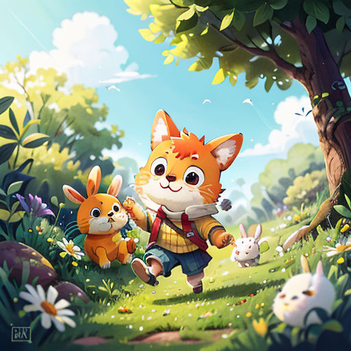a cartoon of a fox and two rabbits in a forest with a tree and flowers in the background, with a sky background