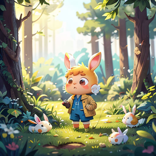 a little girl standing in the middle of a forest with rabbits around her and a forest background with trees