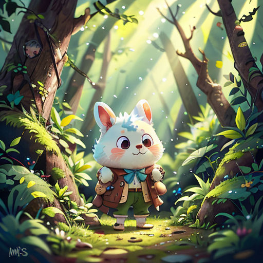 a cartoon character standing in the middle of a forest with a forest background and a forest scene behind him