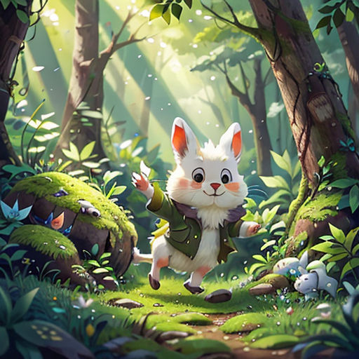 a rabbit running through a forest with a forest background and trees and grass on the ground, with a rabbit in the foreground