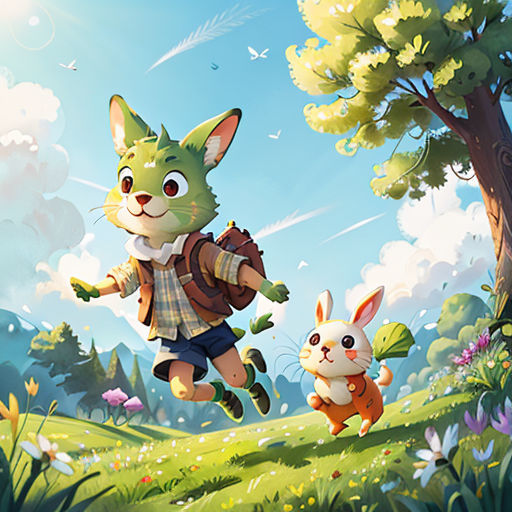 a cartoon cat and rabbit running through a forest with a dog in the foreground and a bird in the background