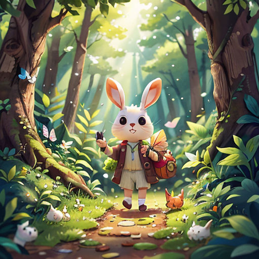 a rabbit with a backpack in the middle of a forest with butterflies and butterflies around it, and a man holding a backpack