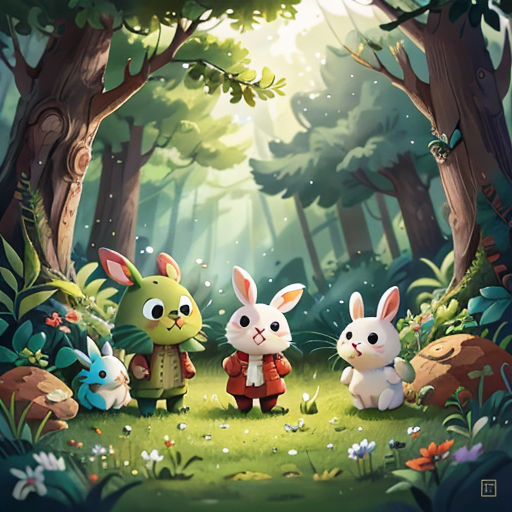 a group of rabbits standing in the forest with trees and grass behind them, with a forest scene in the background