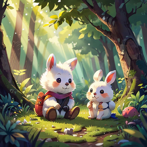 a couple of rabbits sitting in the woods next to each other on a grass field with trees and rocks