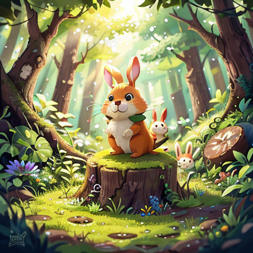 a rabbit and a rabbit sitting on a stump in the woods with a forest background and sunlight coming through the trees