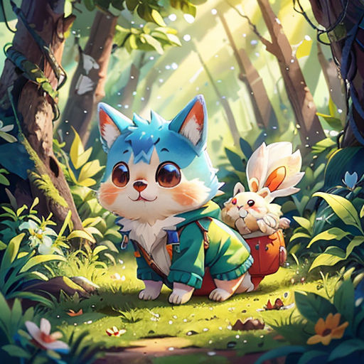 a cat and a bunny in a forest with trees and grass and leaves on the ground, with a background of leaves and flowers