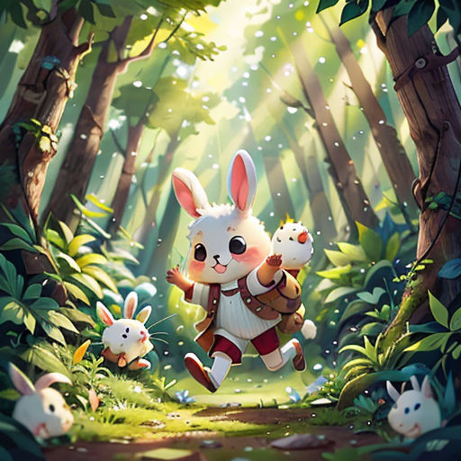 a rabbit with two rabbits in the woods with trees and grass, and a forest background with trees and grass, and a path with a path leading to the rabbit