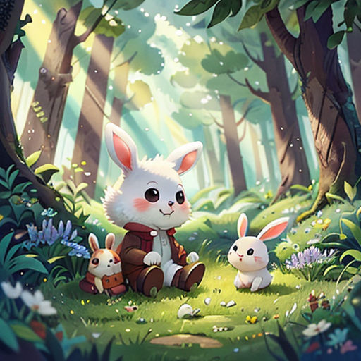 a rabbit and two rabbits in a forest with trees and flowers on the ground, with a sky background