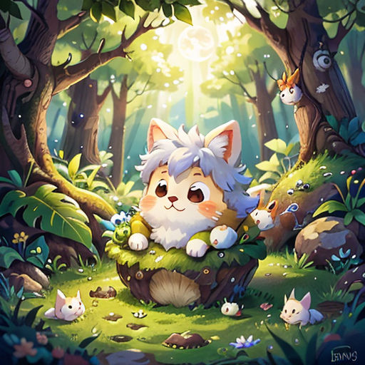 a cat sitting in the middle of a forest with other cats around it and a light shining through the trees