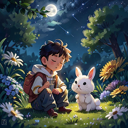 a boy and a bunny in the woods at night with the moon in the sky above them and a full moon in the sky