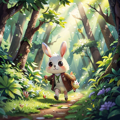 a rabbit is walking through a forest with a backpack on it's back and a rabbit in the background