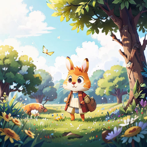 a cartoon fox and a fox in a forest with a butterfly flying overhead, with a girl holding a book