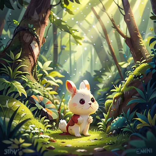 a rabbit in the middle of a forest with trees and grass on the ground, with a light shining on the ground