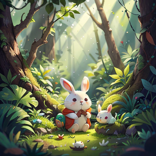 a rabbit and a bunny rabbit sitting in the woods with a baby rabbit in front of them, with a forest background
