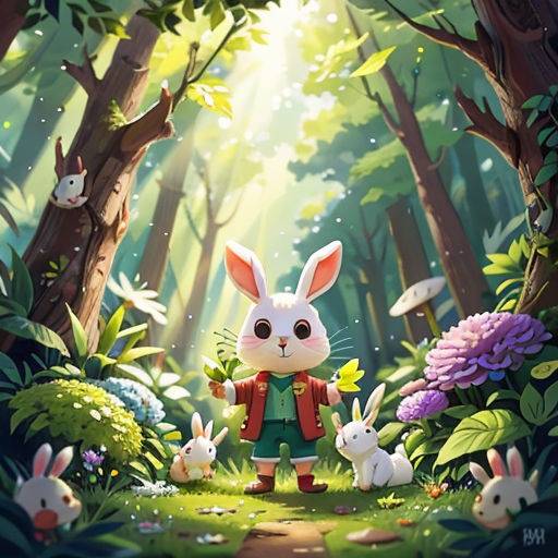 a rabbit is standing in the middle of a forest with rabbits around it and a man in a red jacket